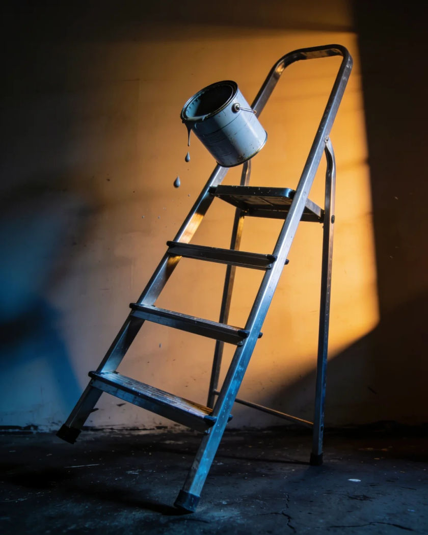 A plain aluminium stepladder caught mid-fall over a concrete floor under warm side light, a paint tin tipping off its top step against a dark cool ground