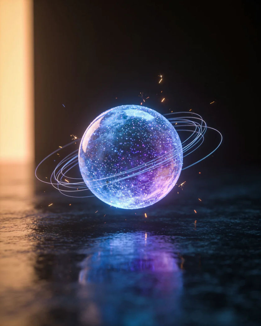 A glowing translucent sphere of blue and violet light particles hovering above a dark surface under warm and cool light, threads of light swirling around it