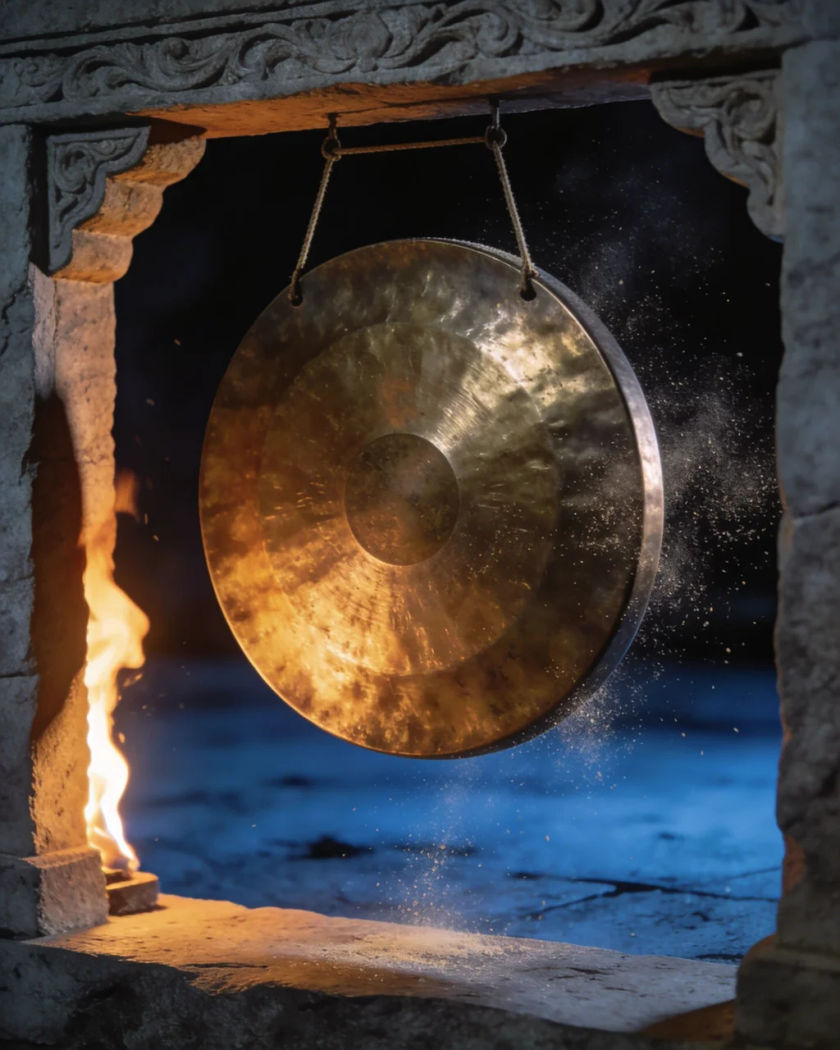 A large bronze gong hanging in a carved stone frame, struck and shimmering under warm side light against a cold dark ground, dust shaken loose in the air