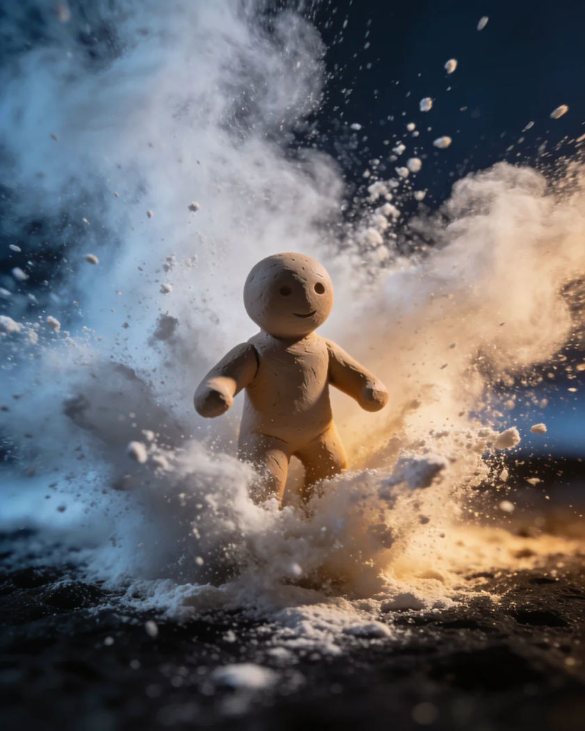 A small clay figure bursting out of a puff of white powder under warm side light against a cool dark ground