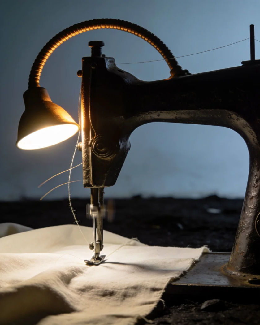 A cast iron treadle sewing machine at a low angle under warm side light against a cool dark ground, thread blurred as the needle drives down