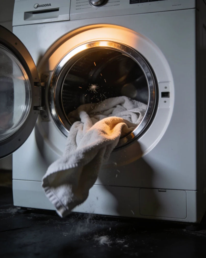 The open round door of a plain tumble dryer with towels caught mid-tumble under warm side light against a cool dark ground