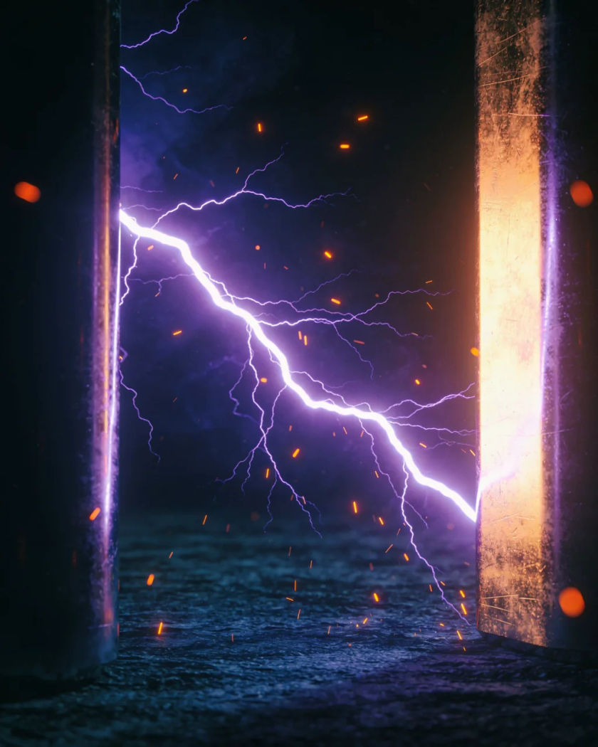 A bright violet electric arc leaping between two metal electrodes under warm side light against a cold dark ground, sparks scattering