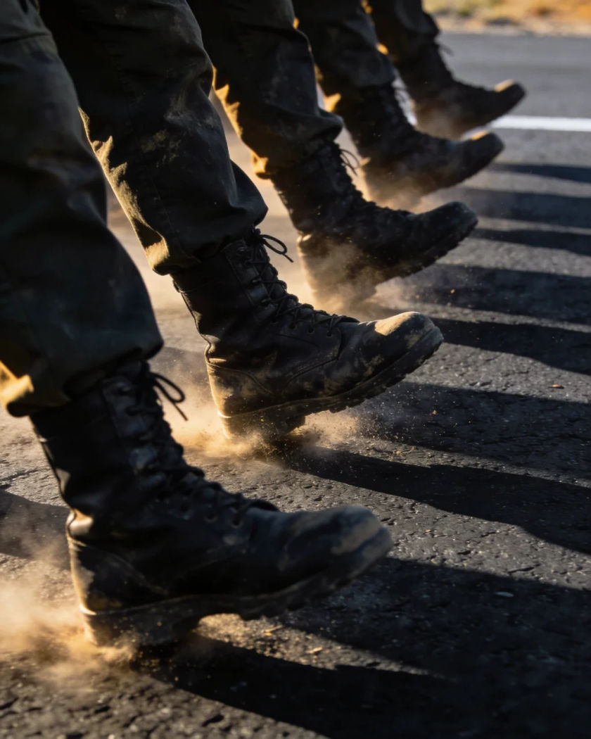 A row of worn military boots striking a paved road in step, low warm side light catching dust kicked up from the heels against a cool dark ground