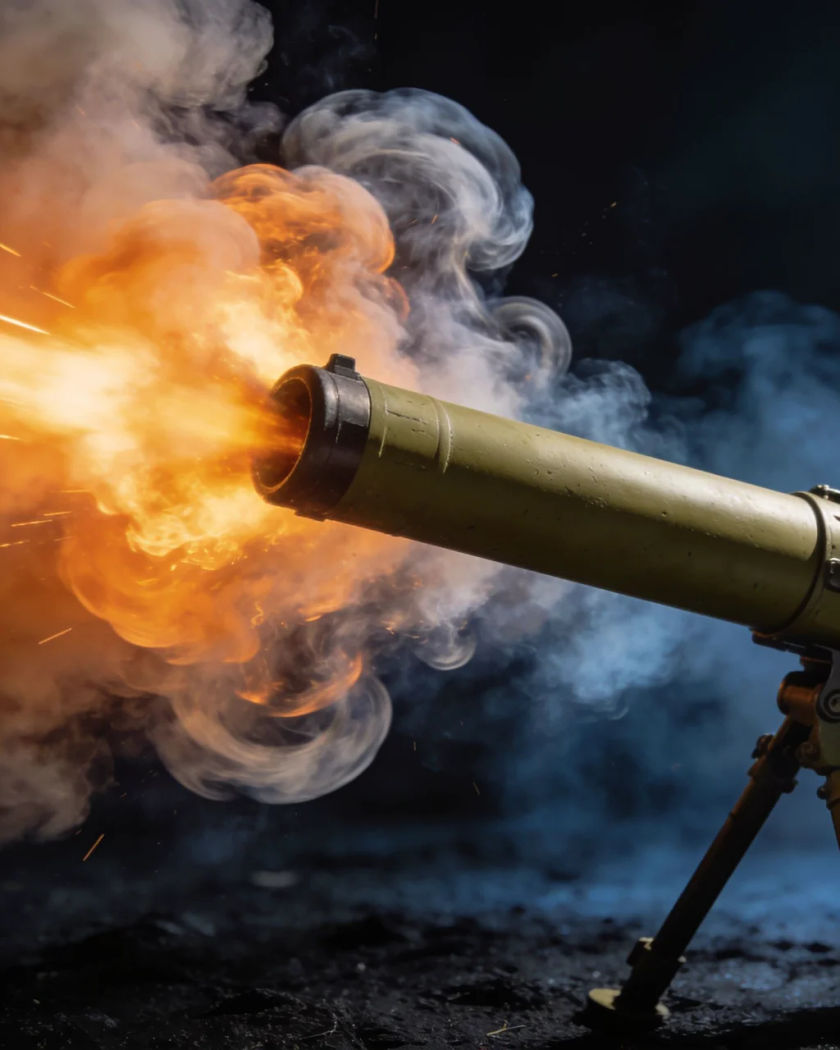 The muzzle of a plain field gun firing in a burst of orange flame and smoke under warm light, the barrel filling the frame against a cool dark ground