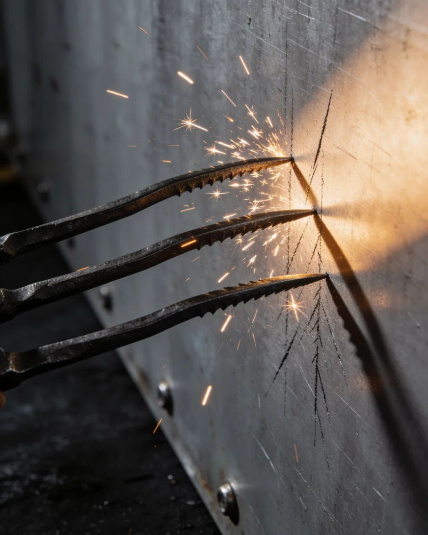 Three long dark claws raking across a steel panel under warm side light, bright sparks spraying from the scratches against a cool near-black ground