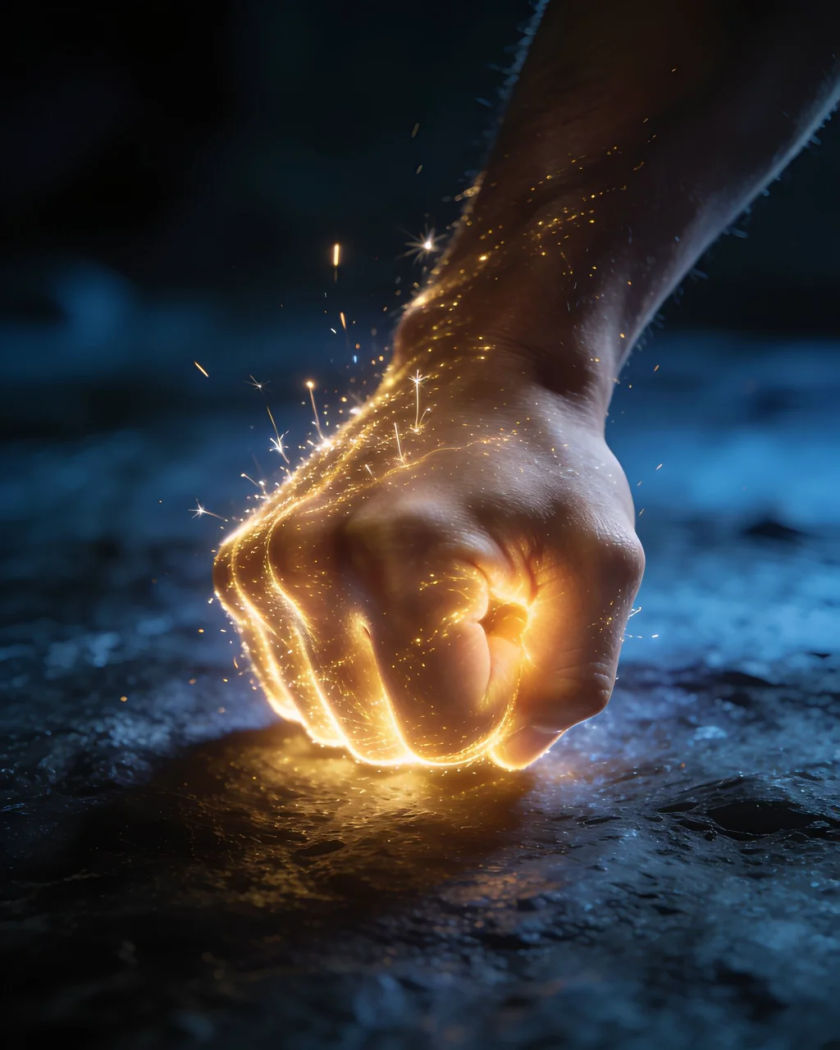 A clenched fist wrapped in a glowing golden energy aura under warm light against a cold dark ground, sparks of light streaming upward