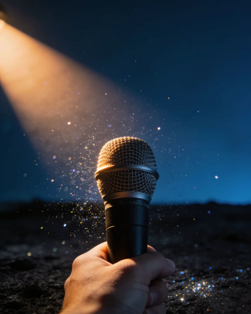 A handheld microphone raised at a low angle under warm side light against a cool dark ground, fine glitter caught mid-air around it