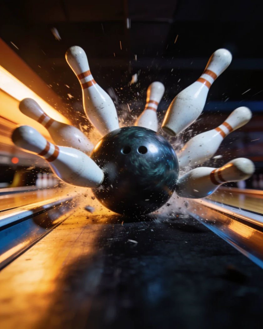 A bowling ball smashing into a set of pins under warm side light against a cold dark ground, pins flying apart mid-air