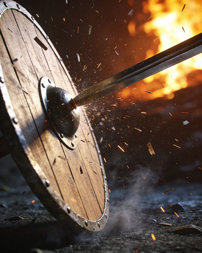 A steel sword striking a round wooden shield with sparks and splinters bursting from the contact under warm firelight against a cool dark smoky ground