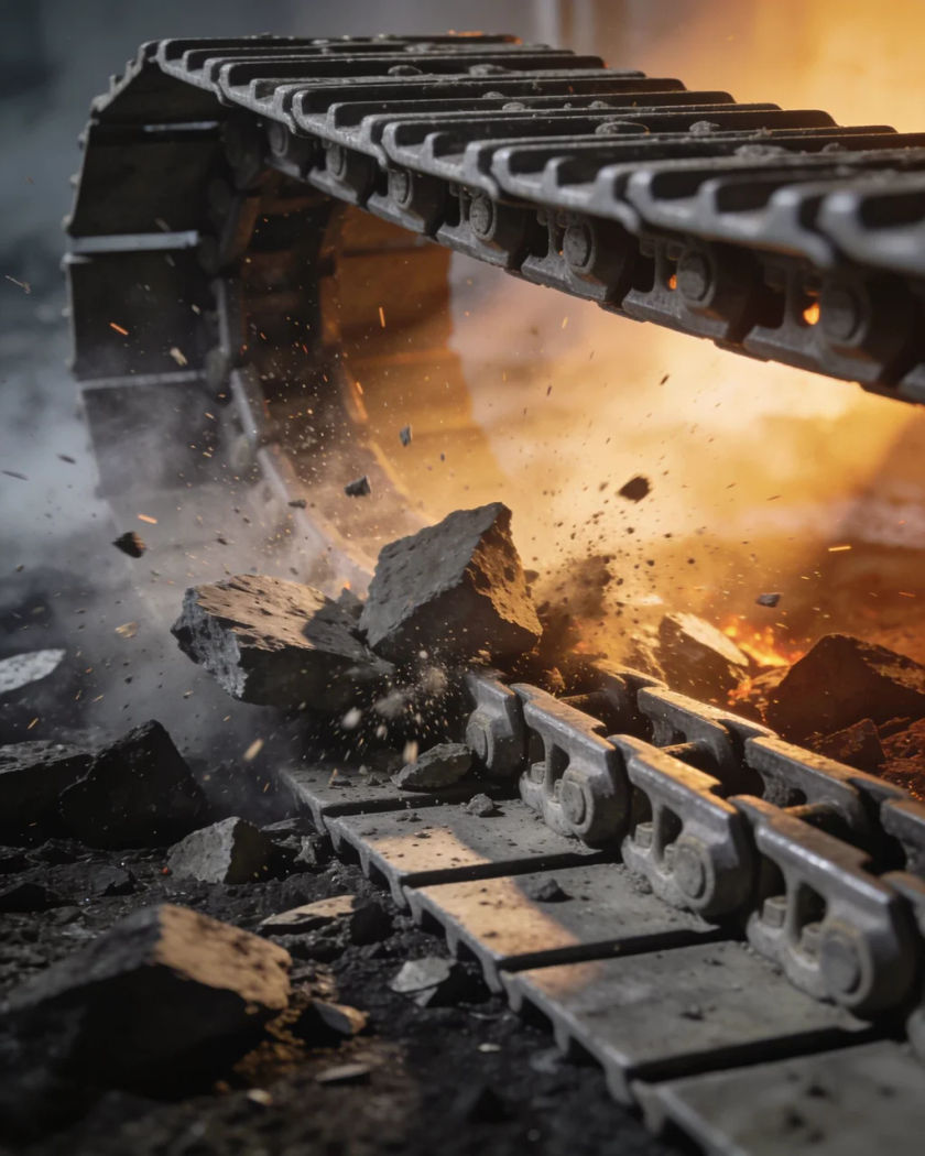 A plain unmarked tank track crushing over rubble under warm firelight, dust and grit spraying from the steel links against a cool dark smoky ground