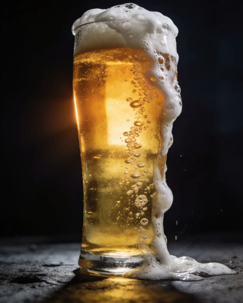 A tall glass of golden beer overflowing with white foam under warm side light against a cool dark ground, bubbles rising and foam spilling down