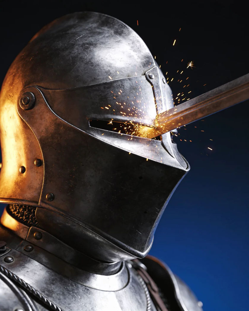 A steel knight helmet with its visor half closed under warm side light against a cold dark ground, a few sparks skipping off the brow