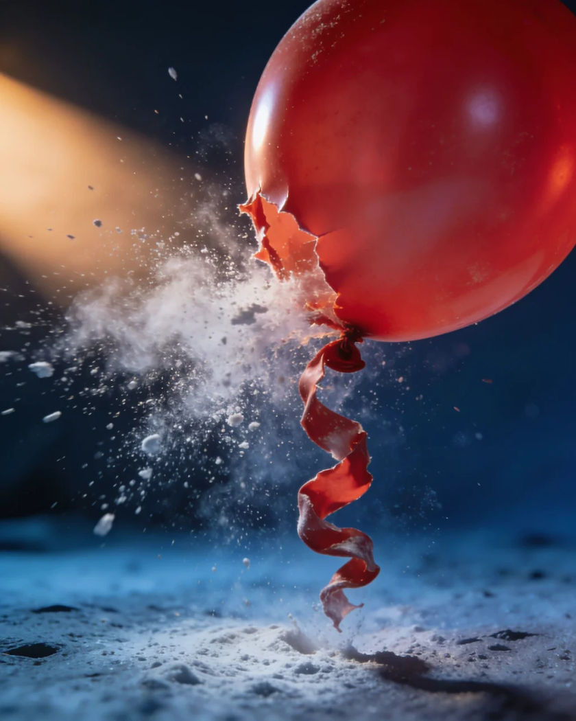 A red rubber balloon bursting under warm side light against a cold dark ground, torn rubber shreds flying outward