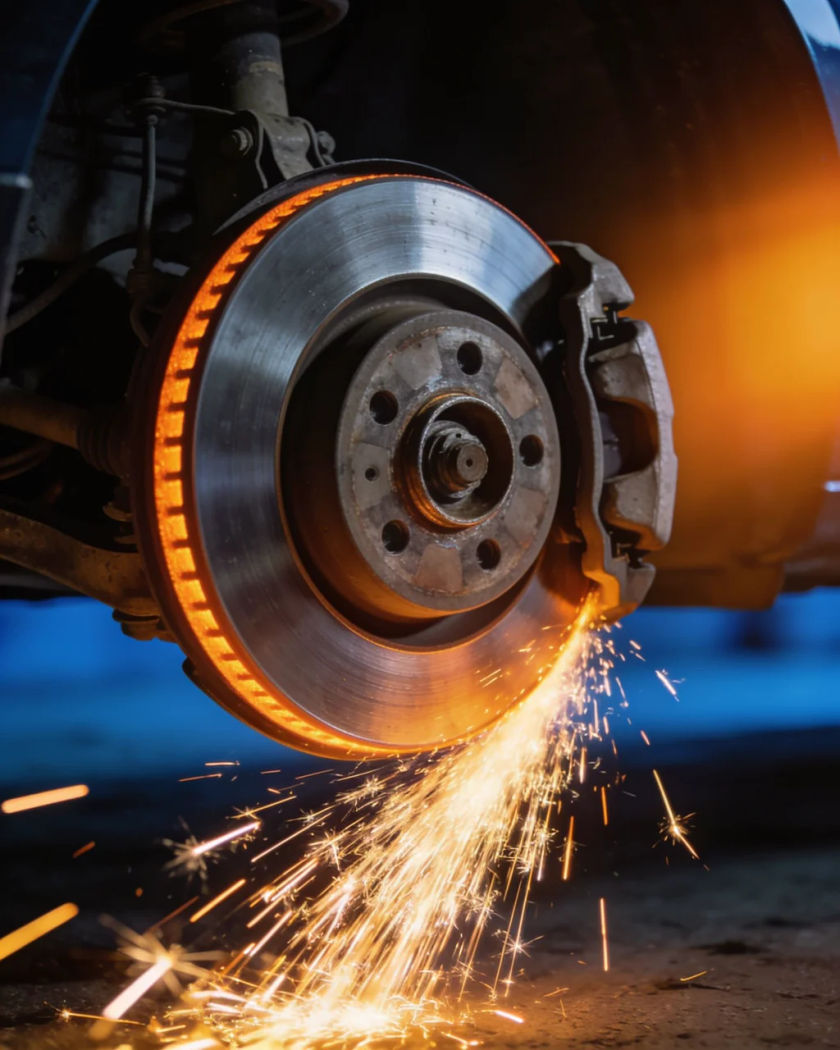 A glowing steel brake disc and caliper on a car wheel under warm side light against a cold dark ground, sparks trailing off the rim