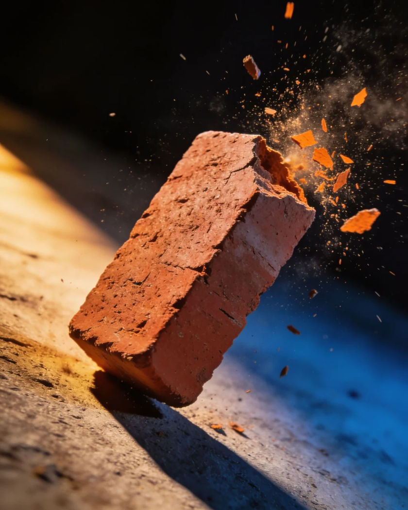 A red clay brick tumbling mid-air under warm side light against a cold dark ground, chips and dust breaking off one corner