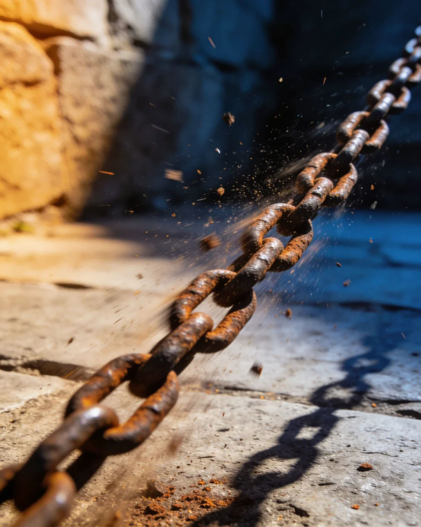 A heavy iron chain whipping through the air in warm side light against a cold dark ground, links blurred mid-swing