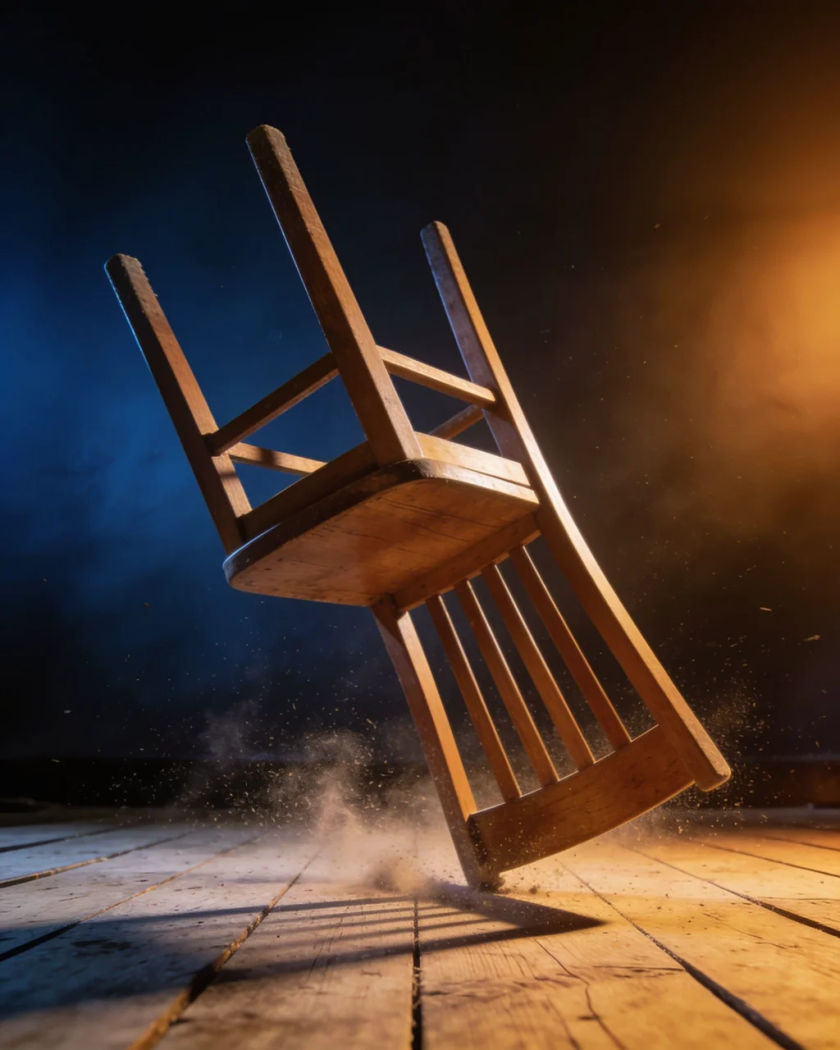 A plain wooden chair tipping backwards mid-fall under warm side light against a cold dark ground, dust lifting off the floor