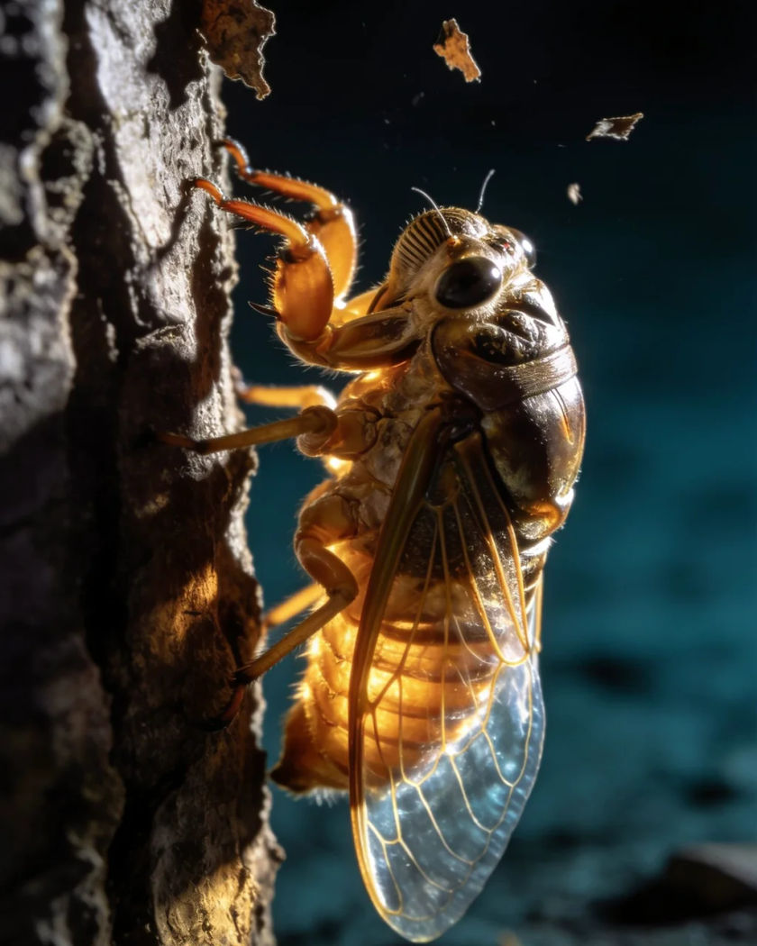 A cicada clinging to bark under warm side light against a cold dark ground, translucent wings catching the light