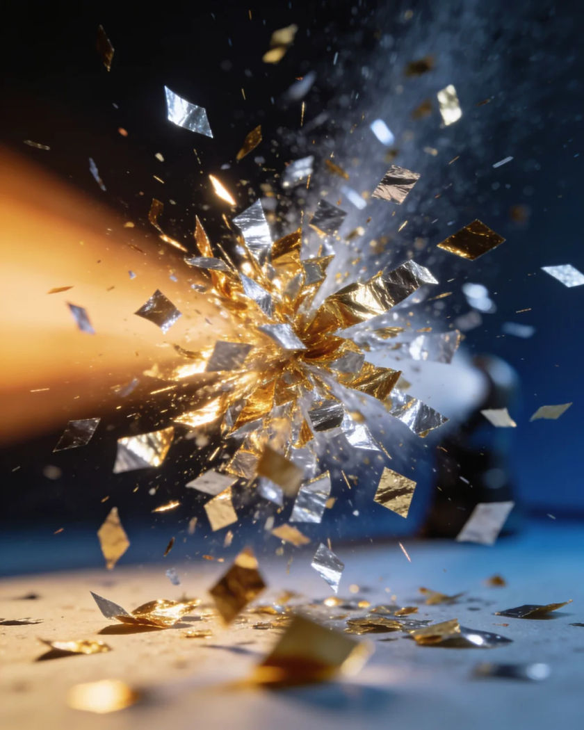 A burst of gold and silver foil confetti exploding outward under warm side light against a cold dark ground