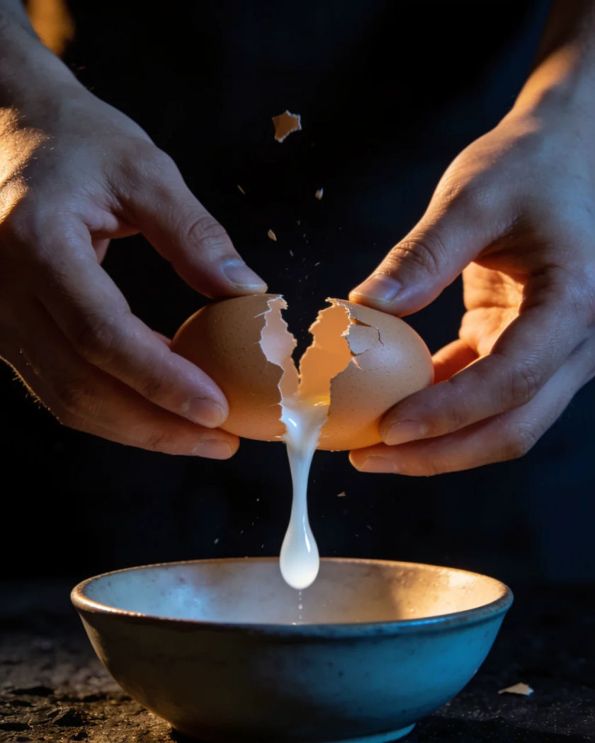 A brown egg cracking open over a bowl in warm side light against a cool dark ground, shell fragments and a strand of white mid-air