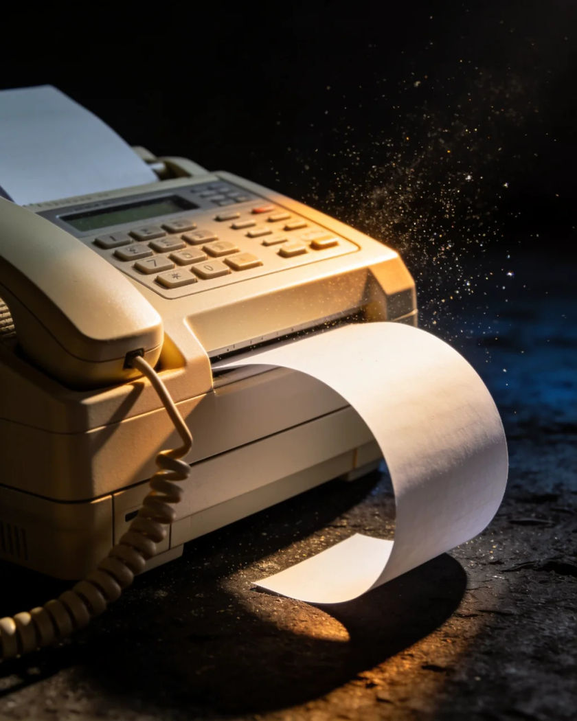 A plain beige fax machine pushing a curling blank sheet toward camera under warm side light against a cold dark ground