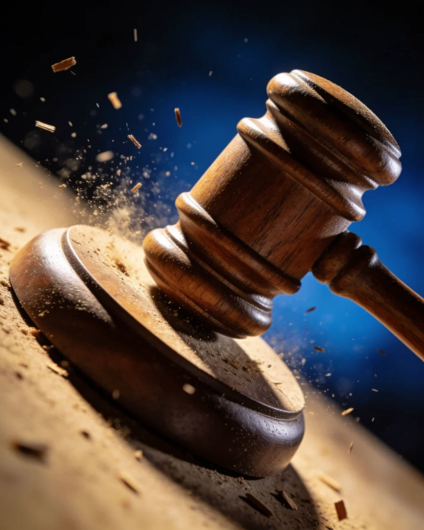 A wooden gavel striking its sound block in warm side light against a cold dark ground, fine dust jumping at the impact