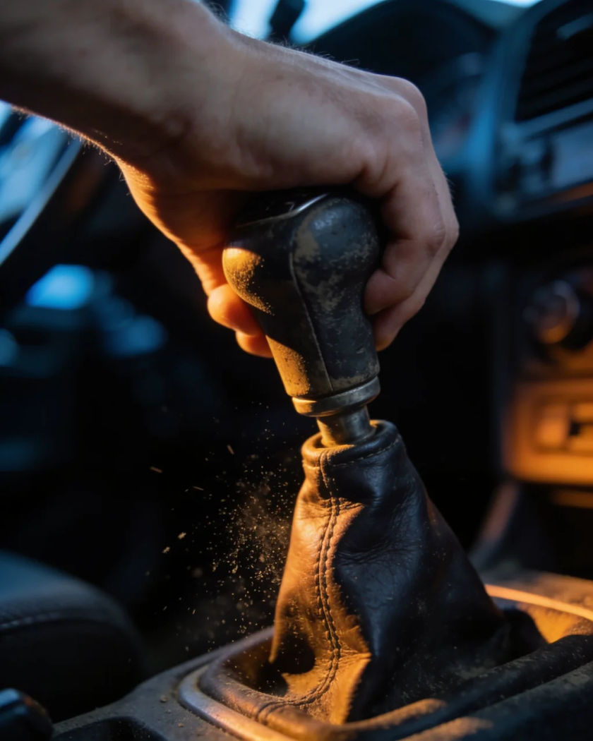 A hand gripping a worn manual gear lever mid-shift under warm side light against a cold dark ground, dust lifting from the boot