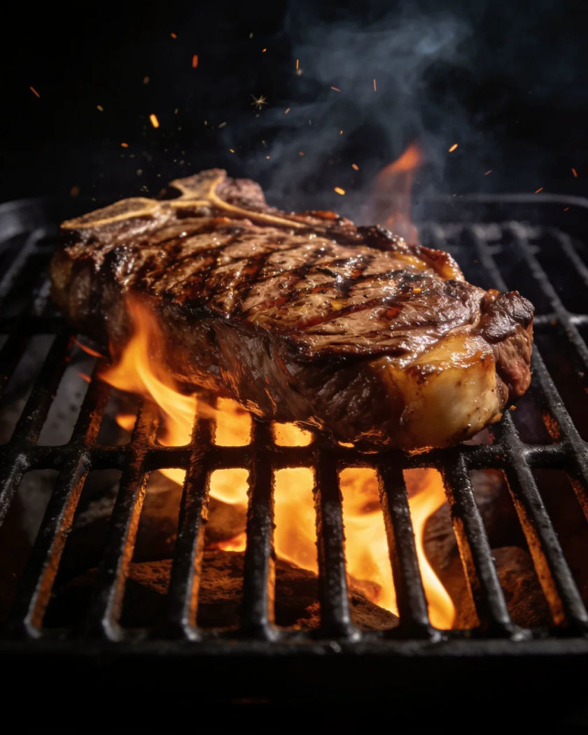 A thick steak searing on a black grill grate under warm side light, flames licking up and smoke rising against a cold dark ground