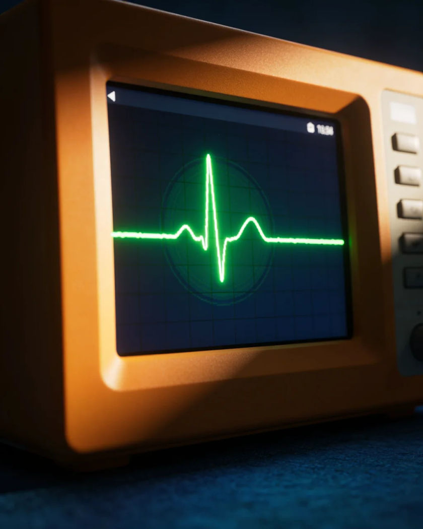 A glowing green pulse waveform on a bedside monitor under warm light against a cold dark ground, one bright peak mid-trace
