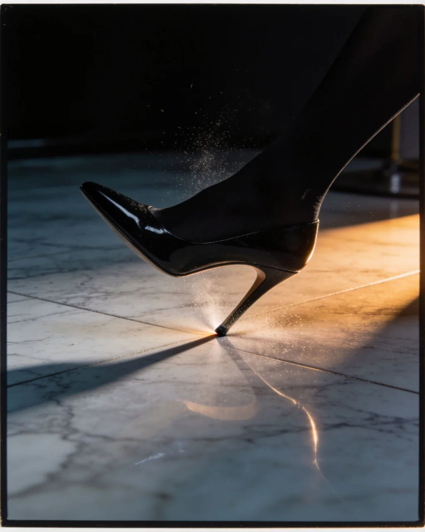 A glossy black stiletto heel striking a polished marble floor under warm side light, a small spray of dust lifting against a cold dark ground