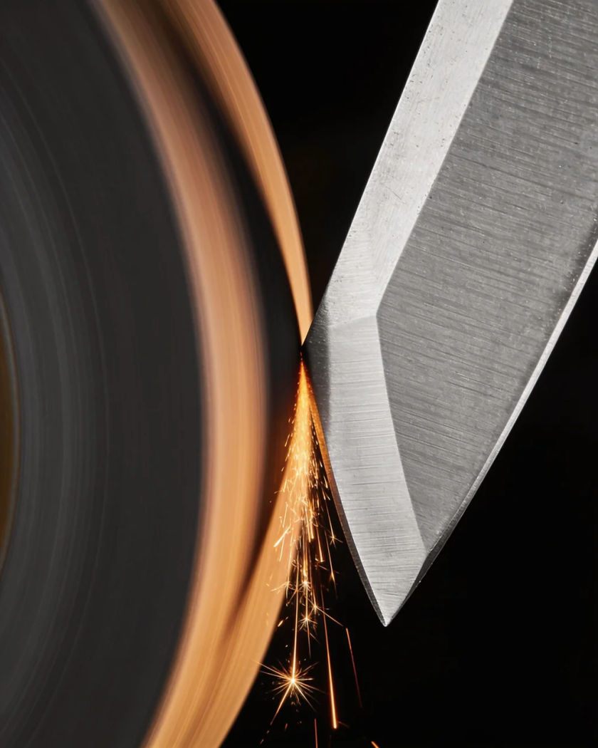 A plain steel knife blade sliding along a honing rod under warm side light, a small spray of sparks against a cold dark ground