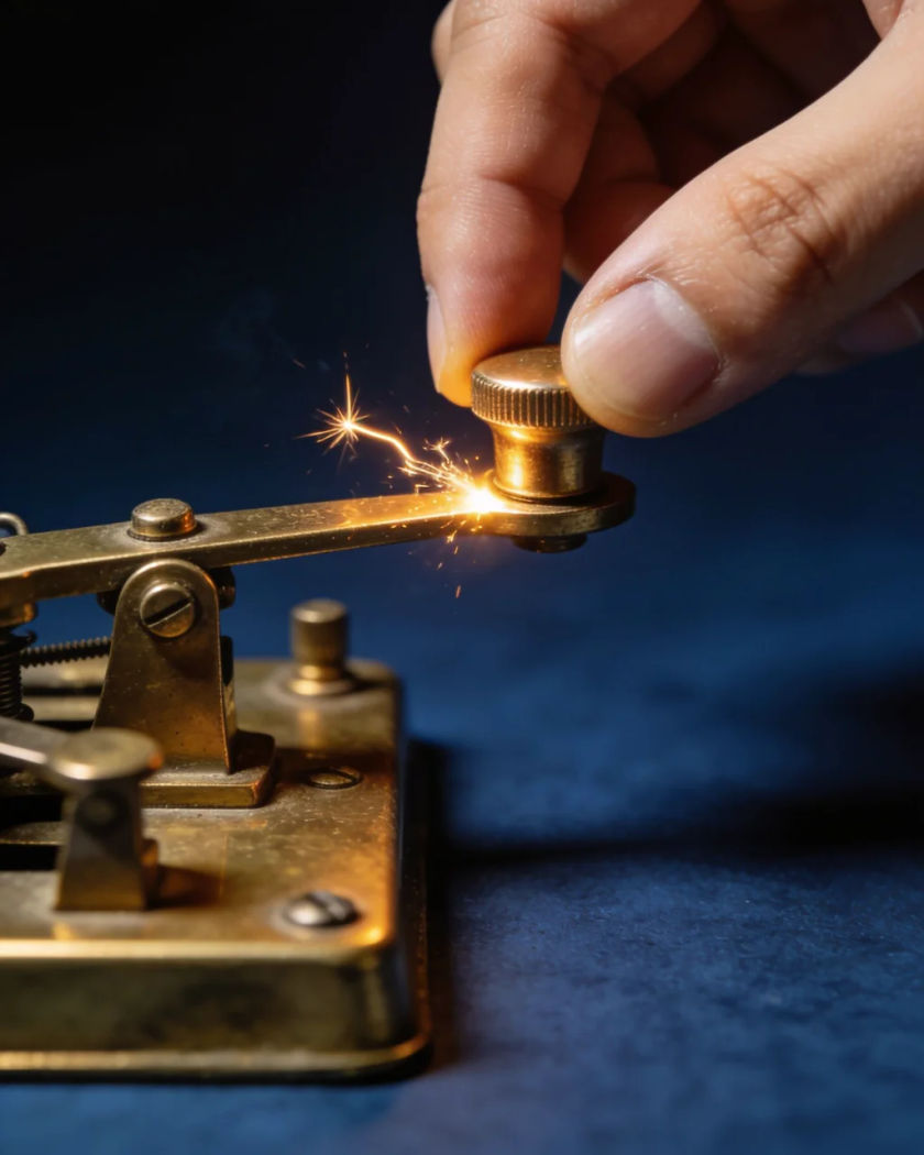 A brass telegraph key being pressed under warm side light against a cold dark ground, a small spark at the contact