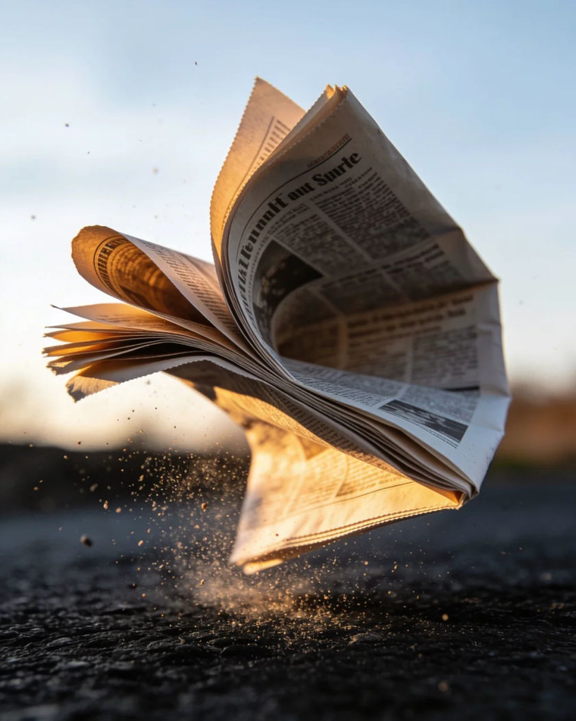 A folded newspaper snapping open mid-air under warm side light against a cold dark ground, its pages curling and a fleck of dust lifting off