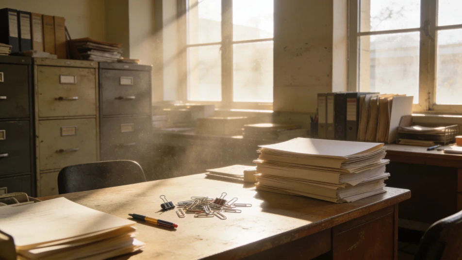 Set the scene at a cluttered office desk
