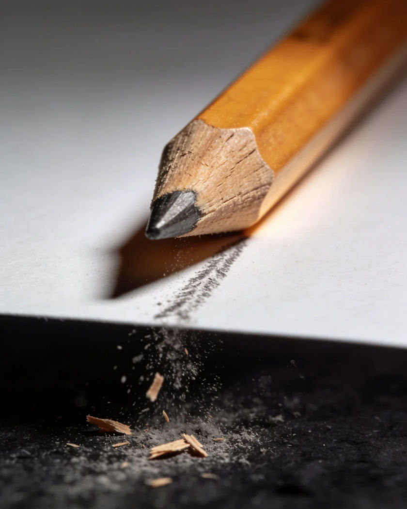 A sharpened wooden pencil tip pressed to paper under warm side light against a cold dark ground, fine graphite dust lifting from the stroke
