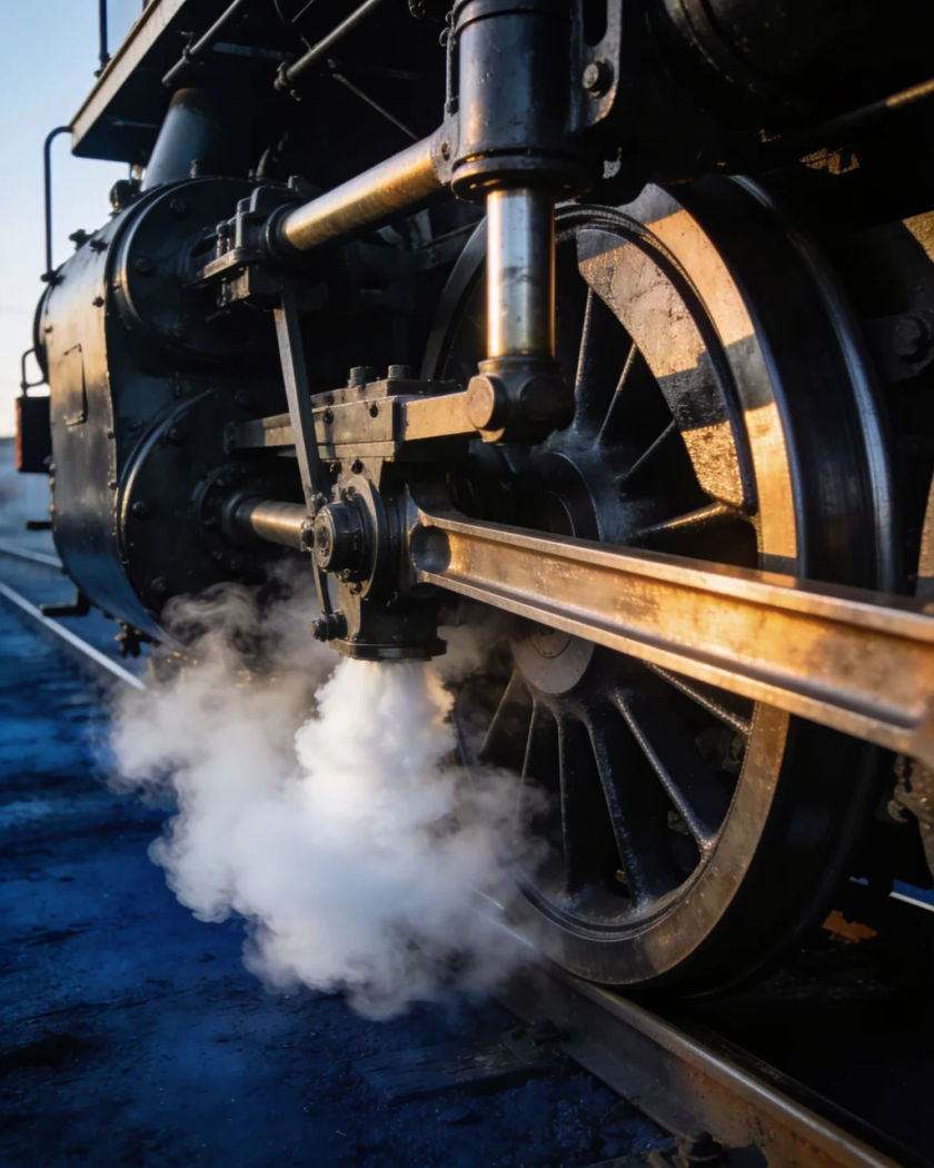 A black steam locomotive driving wheel and piston under warm side light against a cold dark ground, white steam bursting from the cylinders