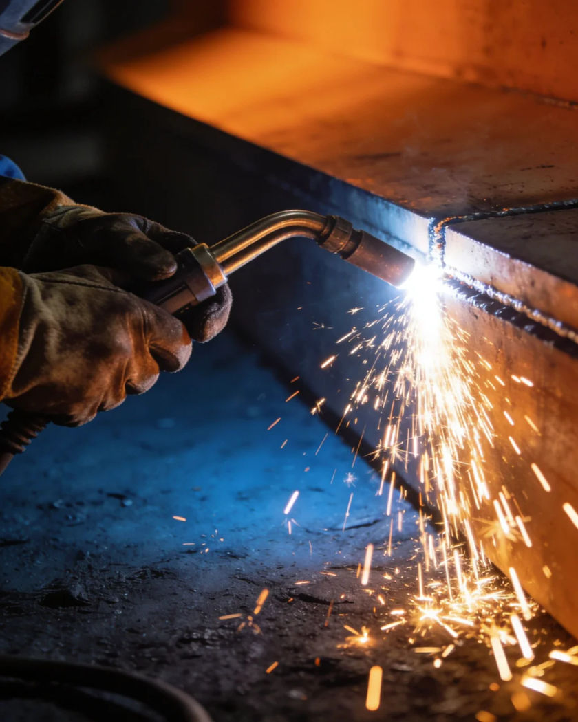 A gloved hand guiding a welding rod along a steel seam under a warm arc glow against a cool dark ground, sparks spraying from the joint