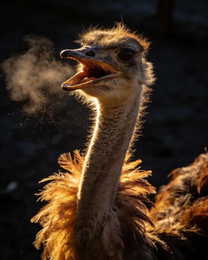 An ostrich head and long neck turned toward the lens with its beak open mid-hiss under warm side light against a cold dark ground, dust lifting from its ruffled feathers