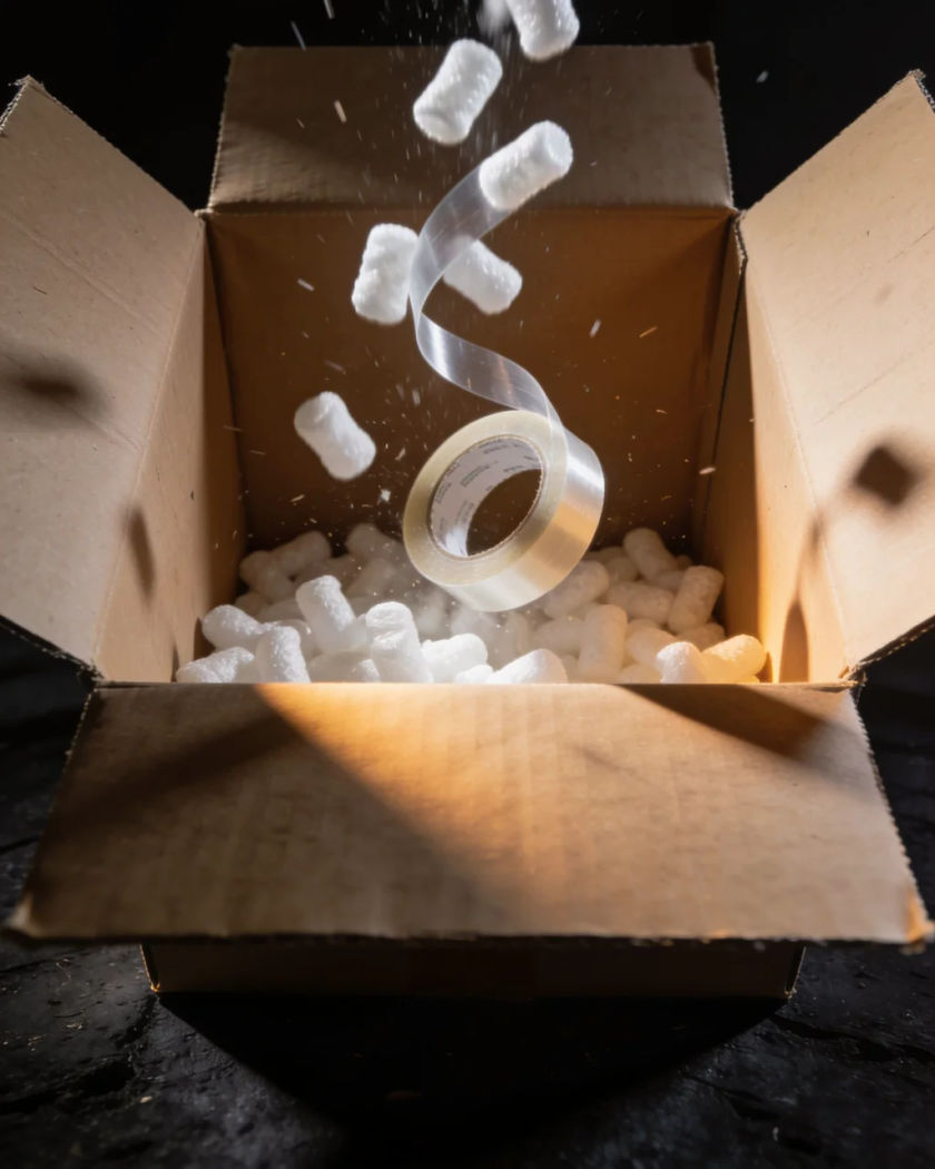 A plain cardboard box with its flaps bursting open under warm side light against a cold dark ground, white foam peanuts flying up out of it