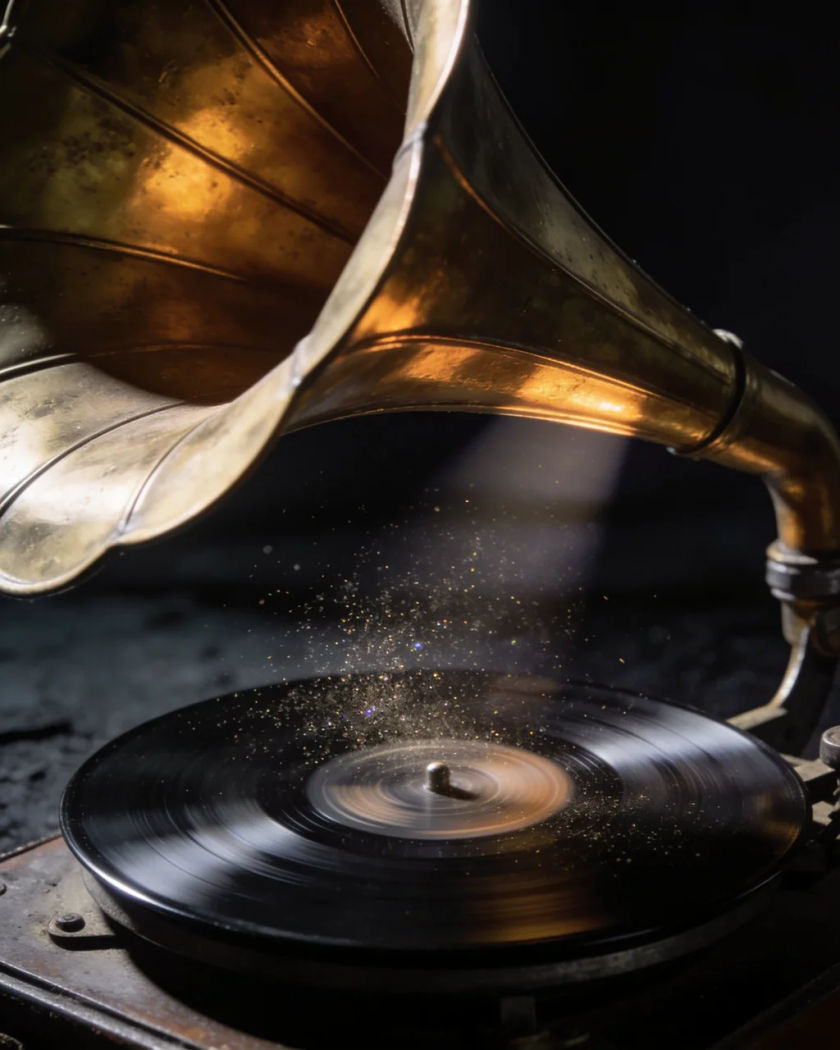 The flared brass horn of an old phonograph above a spinning black record under warm side light against a cold dark ground, dust glittering in the beam