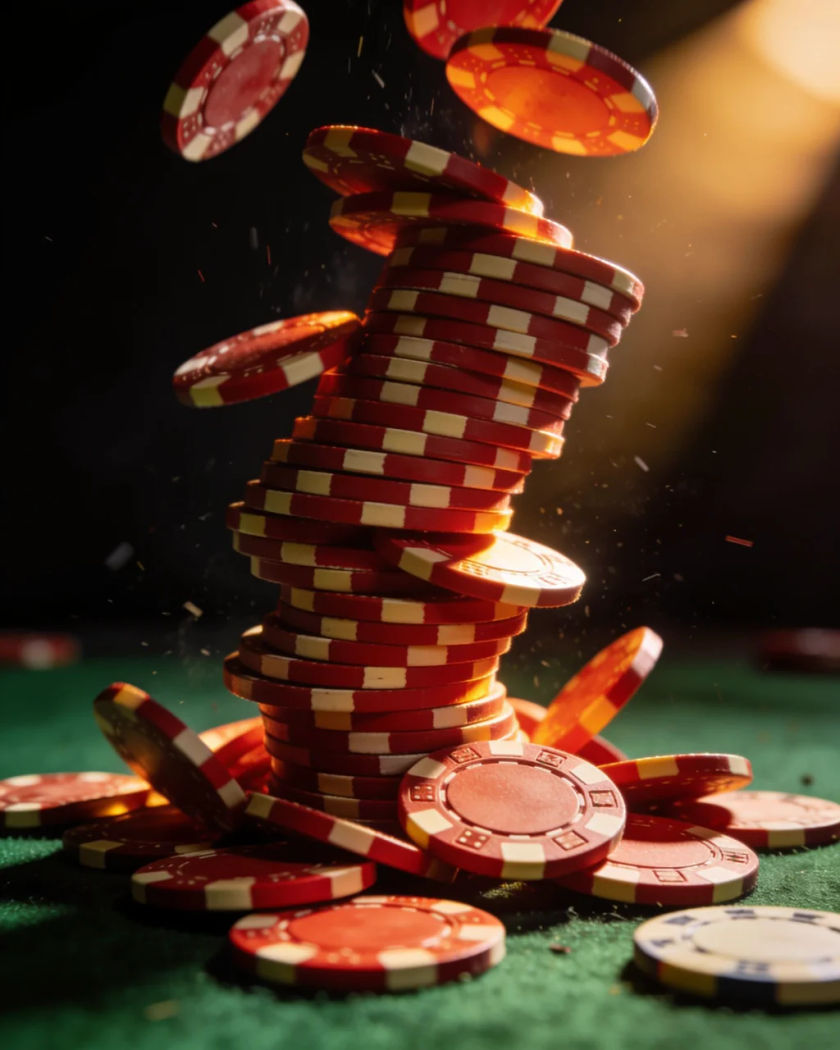 A tall stack of plain clay poker chips toppling over onto green felt under warm side light against a cold dark ground, chips caught mid-air