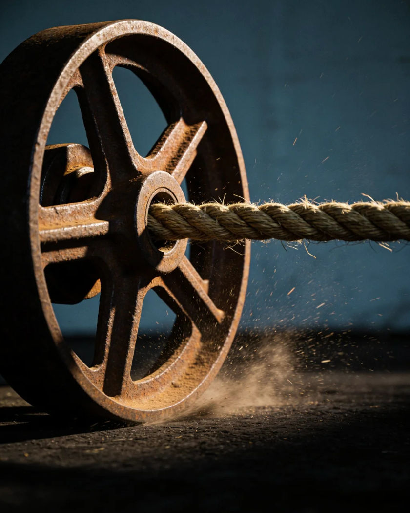 An old iron pulley wheel with rope running over it under warm side light against a cold dark ground, dust shaking off the line