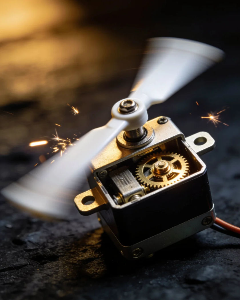 A small servo motor with exposed brass gears turning its arm under warm side light against a cold dark ground, a blur of motion on the arm