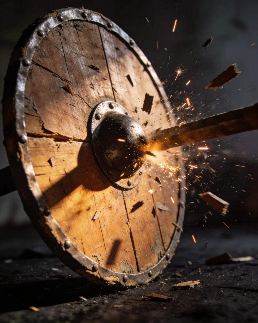 A battered round wooden shield with an iron boss taking a blow under warm side light against a cold dark ground, splinters bursting from its face
