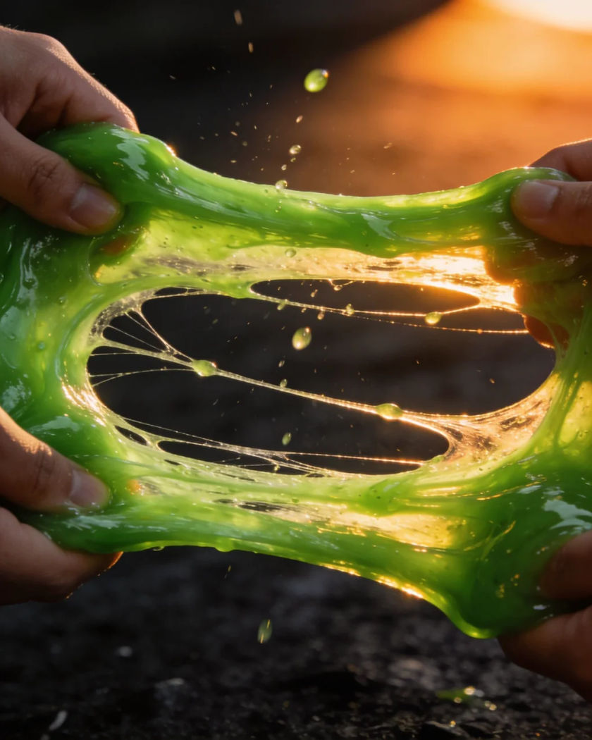 Bright green slime stretching between two hands under warm side light against a cold dark ground, sticky strands and droplets flying