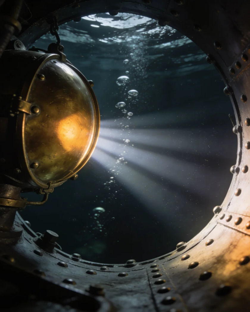 Rings of light pulsing outward from a brass sonar dome in dark water under warm directional light, bubbles rising through the beam