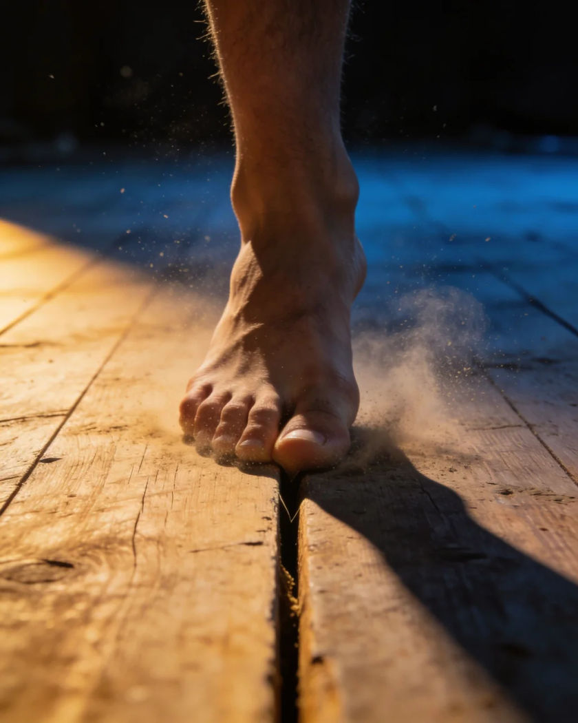 A bare foot pressing down on an old wooden floorboard under warm side light against a cold dark ground, dust puffing up from the gap