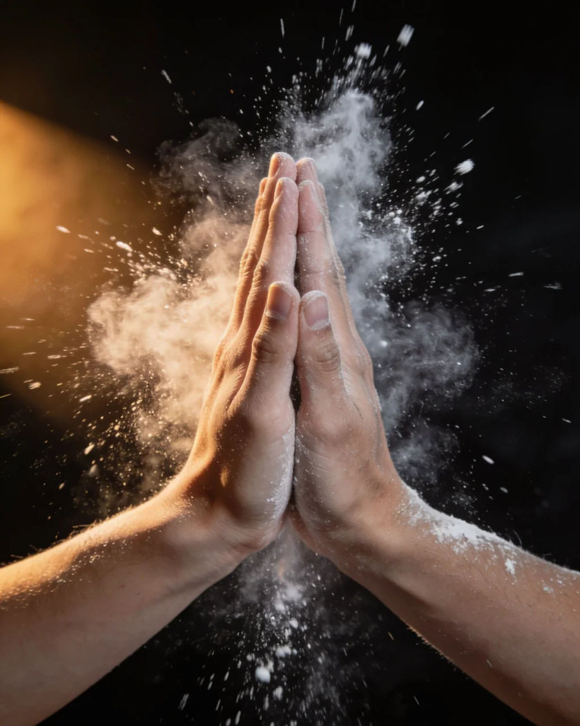 Two open palms meeting in a high five under warm side light against a near black ground, chalk dust bursting out from between the hands