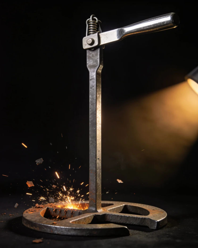 A tall iron lever in a notched iron quadrant mid-pull under warm side light against a near black ground, sparks and flakes of rust flying from the notches